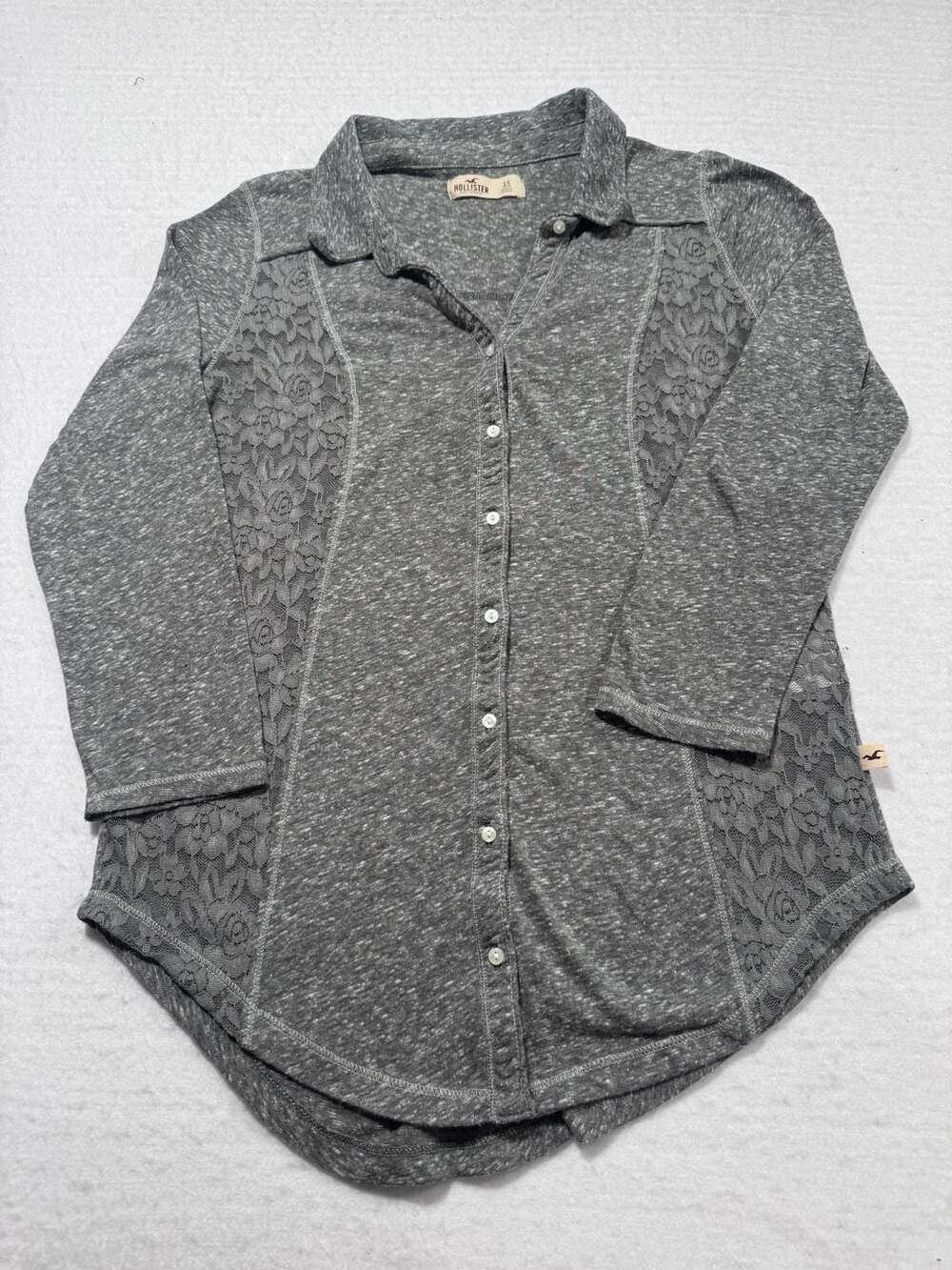 Hollister Gray Lace Side Panel Button Down Tunic Shirt XS